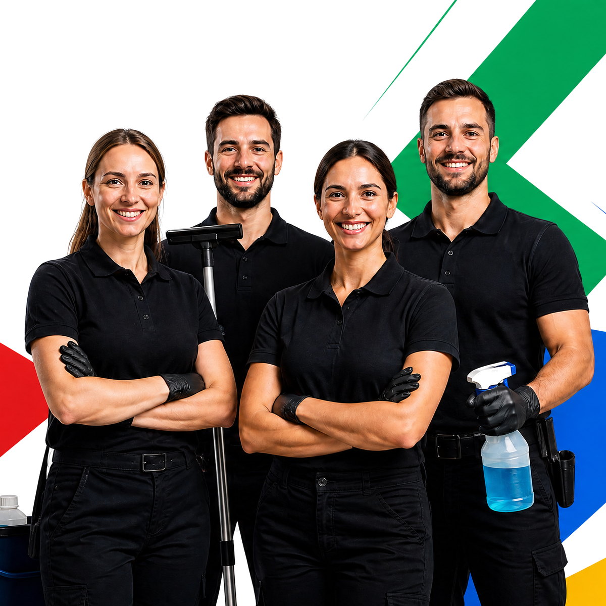 Das Team von VALOR Service in Arbeitskleidung mit Reinigungswagen und Sprühflasche